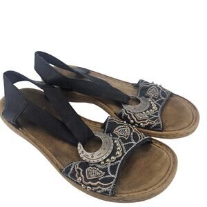 Y2K Rieker Beaded Black Embroidered Strappy Sandals Boho Silver Emblem EU 40 9.5